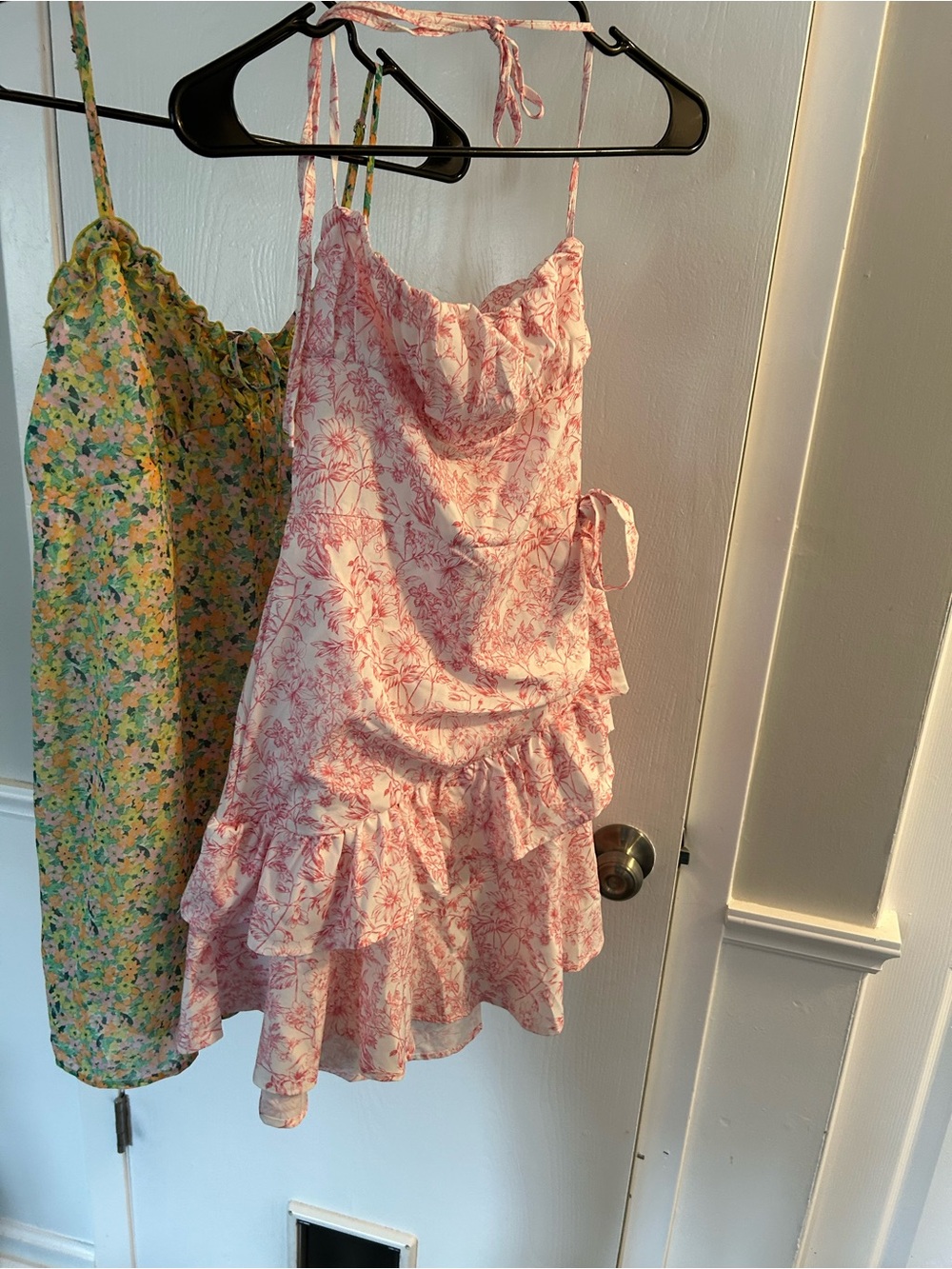 Two Mini Dresses! Pink Toile Ruffle Tie-Detail Sundress and Green Floral Dress